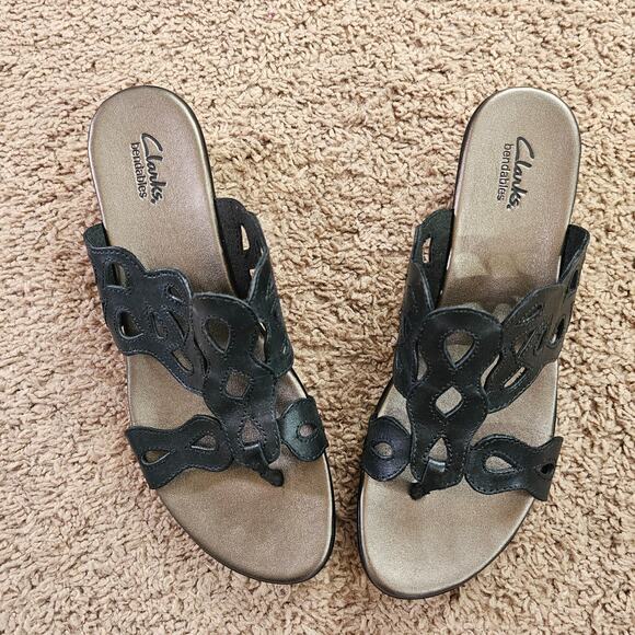 Clarks Bendables Wedge Sandals Womens 10M Black 37059 Comfort Slip On Slides - Picture 4 of 10